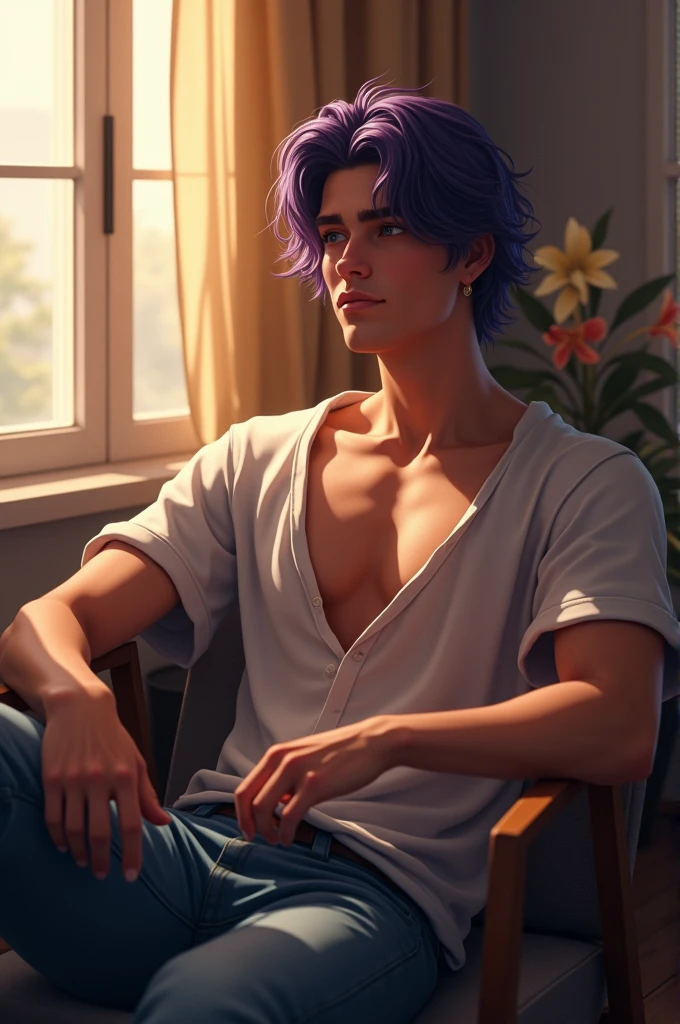 (photorealism:1.2), handsome man, sitting on chair, wearing loose off-shoulder top, jeans, mid-long violete curly hair, indoors, soft lighting, window with sunlight, relaxed pose, realistic, intricate details, warm colores, warn sakin.