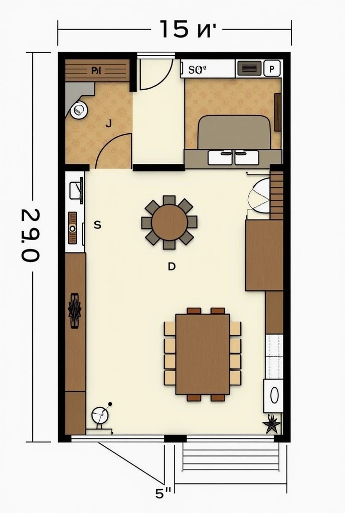 draw me a house plan of a simple house within 4.5 m...it should be indian..it should have a bedroom ,a living room,one bathroom ,a kitchen with dining area,and small store room ...it should be a drawing with its dimensions clearly mentioned ..it should be within 500 square feet