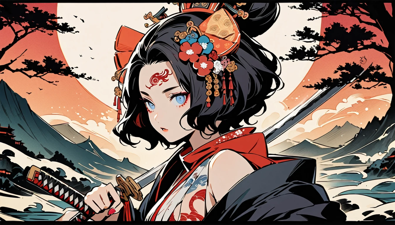 Ink painting, (((1 girl))), (((Tattoo in the middle of the forehead))),(((In the background is the Akatsuki moon))), (((holding a katana sword))), (((Oiran))), (((Great hair accessories))), (((wearing samurai costume))), Japanese style headphones, Demon possession, (((Sakura tree color eyes with engraving inside))),Face up close, Japanese beauty, White hair, Sensitive and precise, Modern Ukiyo-e style, Highest quality, katsushika hokusai, Ink painting, (((1 girl))), (((Elements of horror))), Japanese style headphones, beautiful girl, Black hair, Sensitive and precise, Modern Ukiyo-e style, Cyberpunk city