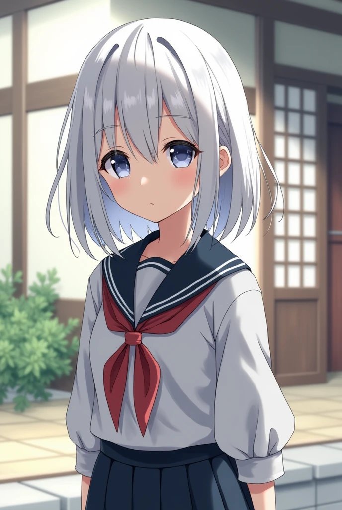 White medium long hair girl with japan school uniform