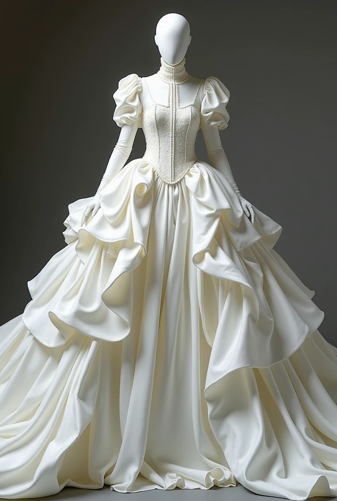 "Huge and revealing wedding dress、White satin full finger gloves with long sleeves、"Shoulders and neck、Turtleneck that covers the mouth。"Everything is connected。White wedding dresses are layered、