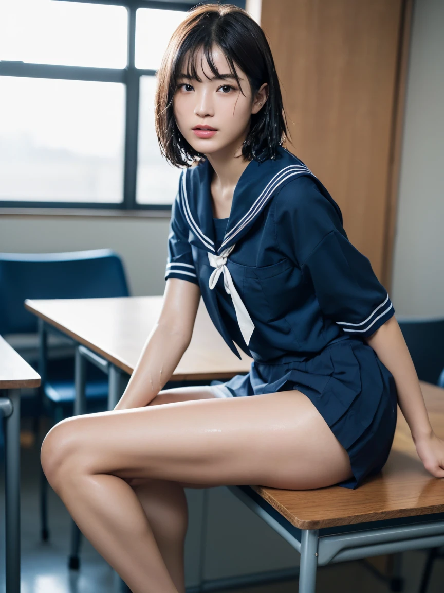 (masterpiece:1.2), Very detailed, Ultra-high resolution, (Realistic, photo Realistic:1.6), High-resolution RAW color photos, Professional photos, Sharp focus:1.2, (Very detailed顔と肌の質感, Very beautiful eyes, Glossのある肌, Glowing Skin, Glowing Skin, Shining Face, Gloss, Oily skin, greasy face, Oily skin, greasy face,),, (real Glossのある肌 texture), Perfect Anatomy, Very detailed背景,(High school classroom at night),1 female,25-year-old woman, Japanese women,Height: 168cm,(short hair, Straight hair, bangs, Brown Hair),((Flat Chest:1.6)),(Slender legs), ((((Short Sleeve White Sailor School Uni形状、Navy blue pleated skirt:1.5、Perfectly detailed sexy thong panties under skirt))),(Sit on your desk with your knees upright:1.4)、(((Wet and sheer sailor suit:1.4))),From the side:1.4