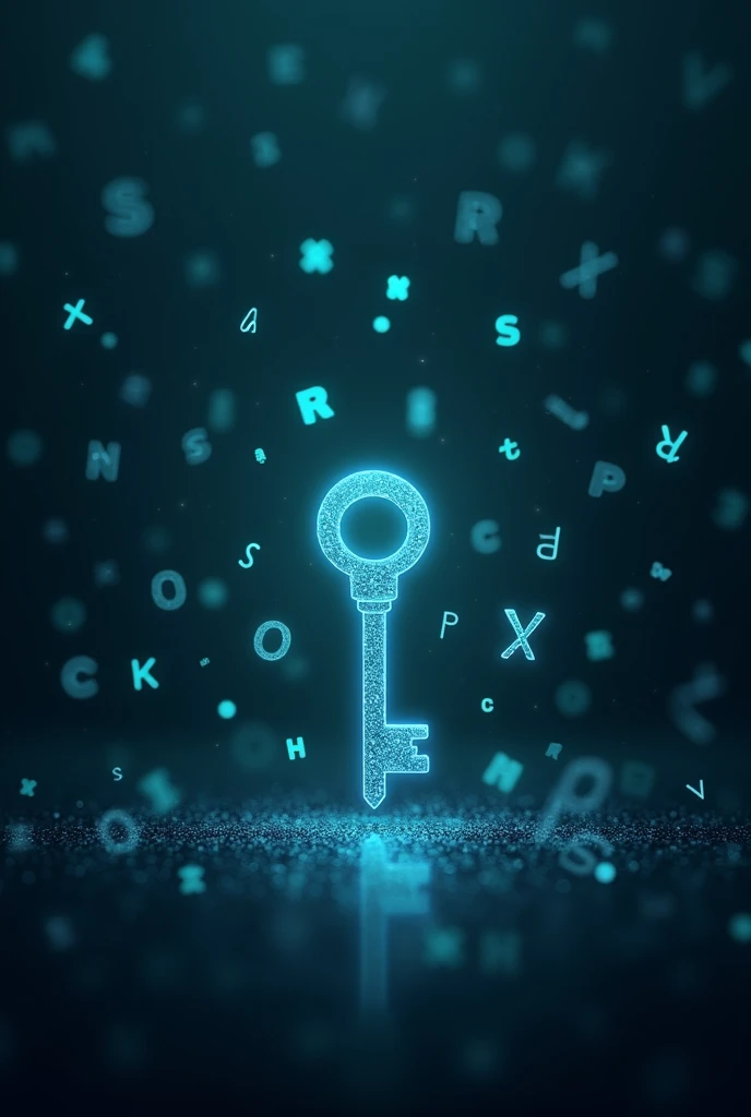 Create an image showing a digital world filled with floating letters and numbers, each with a subtle glow. Among these symbols, a single key stands out, glowing brighter than the rest. The background should be dark, almost void-like, with an air of mystery and the sense that this key unlocks something important.