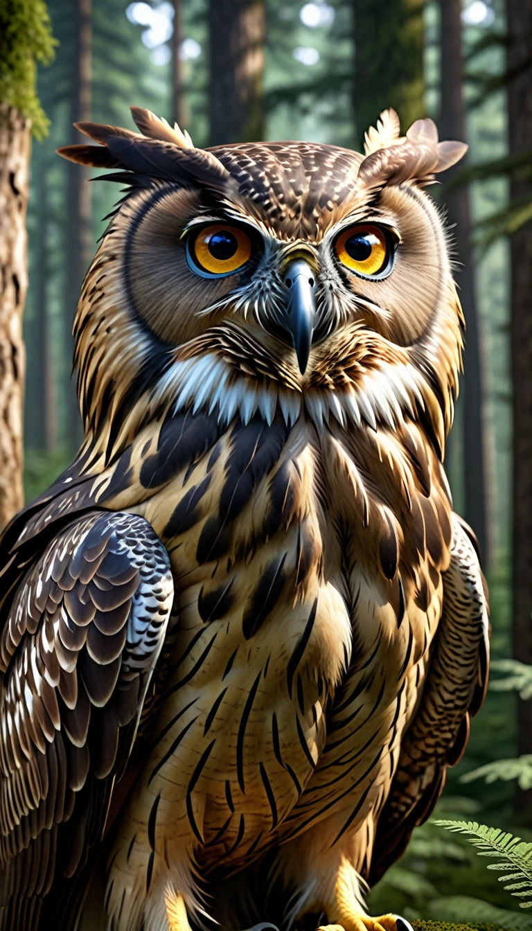 In the forest，Owl eagle with human face and four eyes(best quality，4K，8K，High level，masterpiece：1.2），Extremely detailed，（lifelike，Photo real，Photo real：1.37），Detailed Animals，Complex Mode，lifelike的照明，Fantasy Creatures