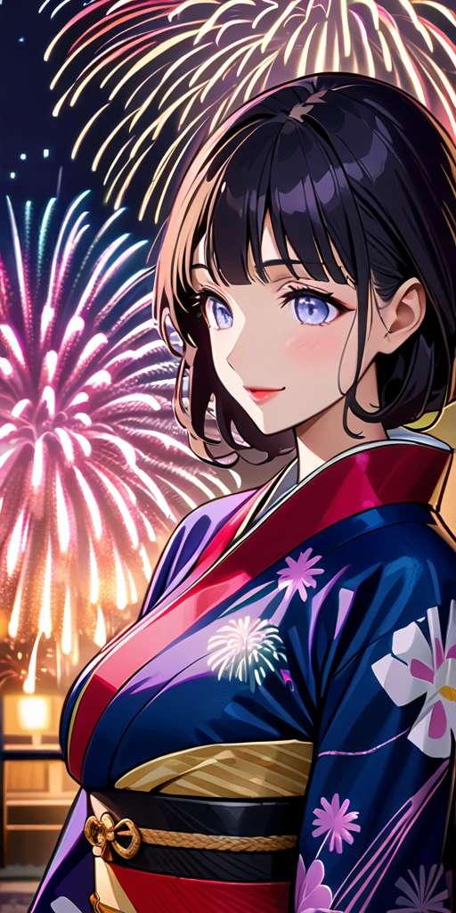 ((Highest quality、masterpiece、anime style、best quality、high resolution、8k、detailed、ultra-detailed:1.3))、Long legs:1.2, Beautiful woman with perfect figure:1.4、(Smiling:1.2), double eyelid、30-year-old female、((((One Woman,beautiful face,Beautiful face、Japanes,Japan,fireworks、asakusa、kimono、 night,upper body:1.5)))),Big Breasts、High resolution, accurate, Anatomically correct, Winner of numerous awards, High-resolution model, high quality, Very detailed, Ultra high definition, Textured skin