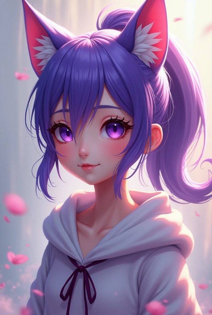 Purple gradient hair、Loose and fluffy ponytail、Purple Eyes、Cat Eyes、hoodie、Feather ear cap