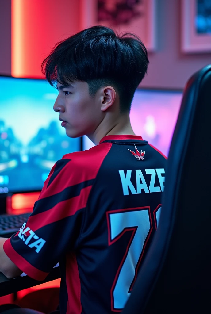 A young man gamer wearing esports jersy with a name "K A Z E" at the back