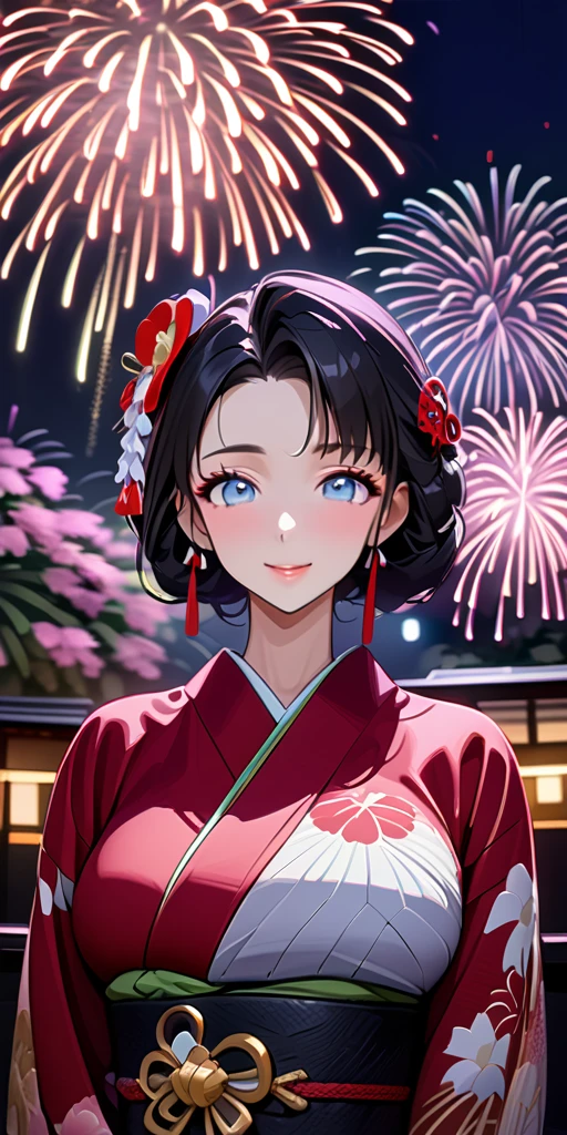 ((Highest quality、masterpiece、anime style、best quality、high resolution、8k、detailed、ultra-detailed:1.3))、Long legs:1.2, Beautiful woman with perfect figure:1.4、(Smiling:1.2), double eyelid、30-year-old female、((((One Woman,beautiful face,Beautiful face、Japanes,Japan,fireworks、asakusa、kimono、 night,upper body:1.5)))),Big Breasts、High resolution, accurate, Anatomically correct, Winner of numerous awards, High-resolution model, high quality, Very detailed, Ultra high definition, Textured skin