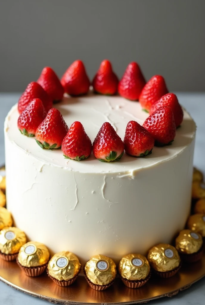 Birthday cake with smooth whipped cream frosting and minimalist strawberry decoration with ferreiro roche