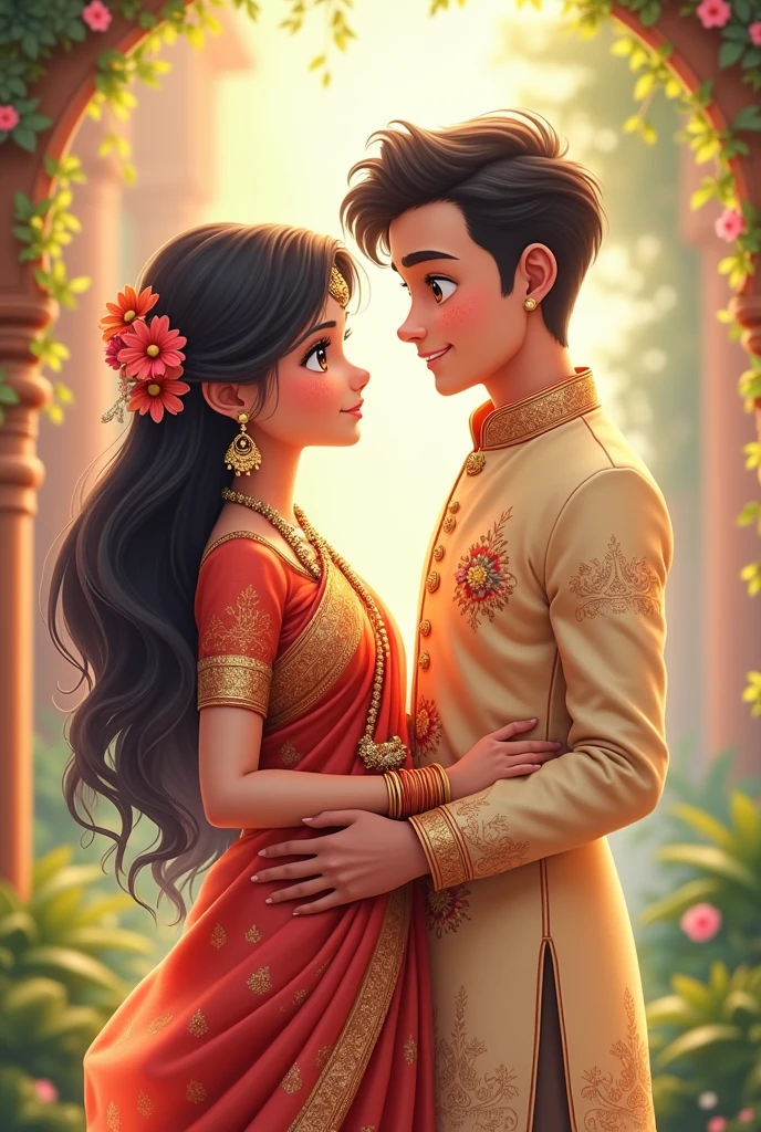 Create a cute anime marriage girl named muthu and boy named Darshan in Saree print their name on their dress