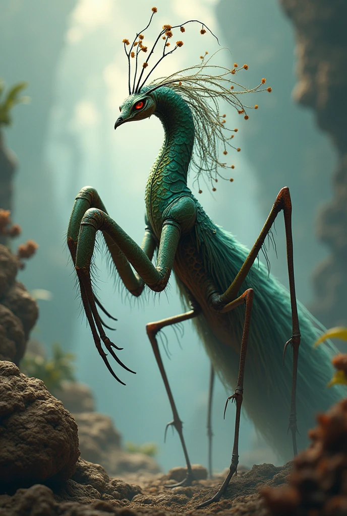 Peacock mixed with praying mantis