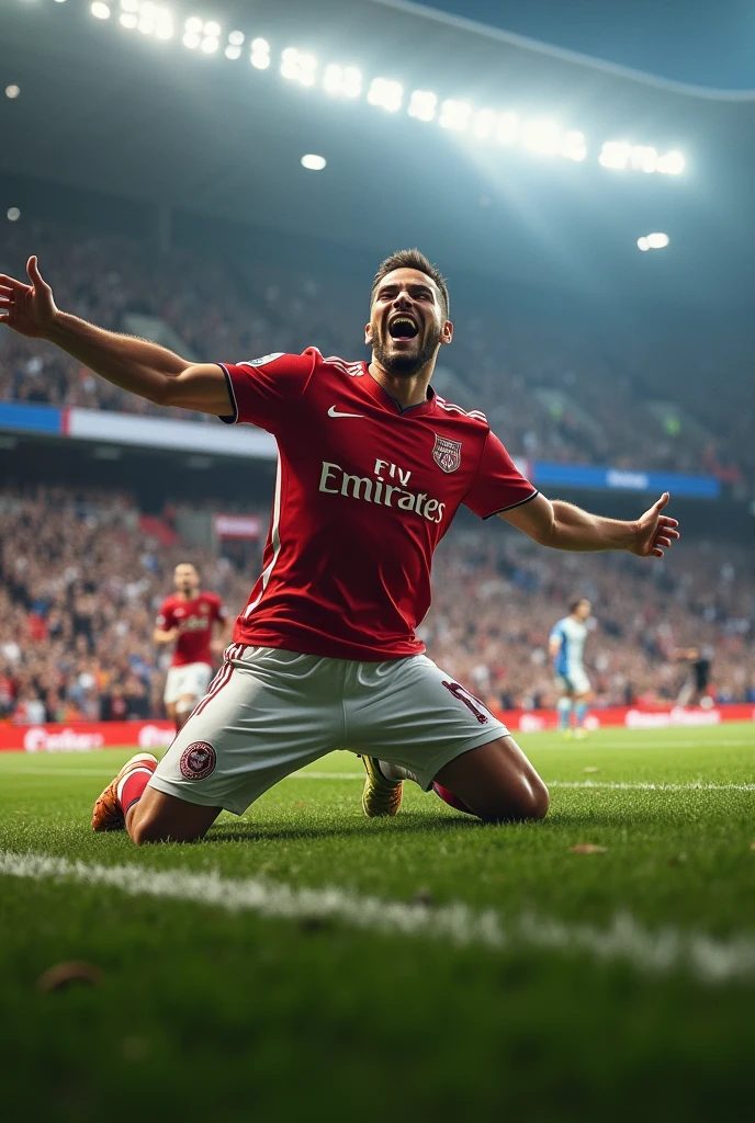 A man celebrating a goal in a football stadium while sliding on his knees with the crowd appearing in the background