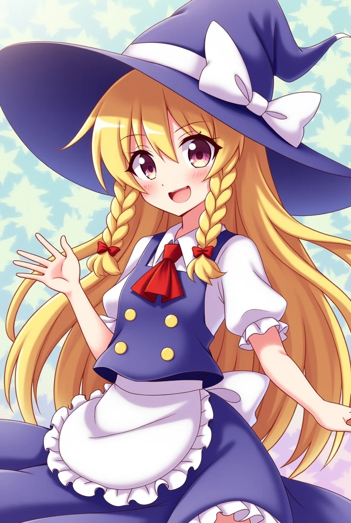 With an anime-like pattern、Please draw Marisa Kirisame from the Touhou Project。I&#39;m a wizard。Only the right side is braided。A white ribbon is attached to the end of the braid.。The ribbon on the hat is white.、The skirt has an apron