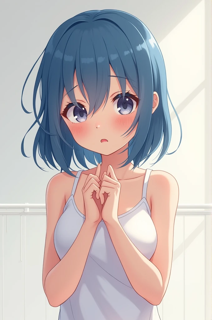 Anime-style blue-haired girl who worries about the smallness of her breasts