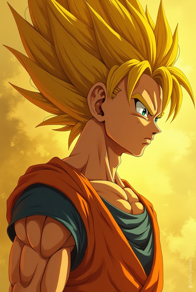 Create a dragon ball super image with a distinct aesthetic composed of dark yellow and dark beige tones. Incorporate photo-realistic drawings that convey raw emotions and are influenced by yombe art. Employ the palette knives technique extensively to add texture, while incorporating elements of hurufiyya. Pay special attention to capturing realistic lighting effects. Ensure the aspect ratio is 9:16 and the image size is 750 pixels, with a pleasant color scheme of five hues.