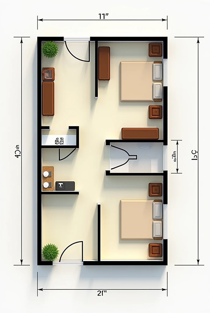 draw me a house plan of a simple house within 4.5 m...it should be indian..it should have a bedroom ,a living room,one bathroom ,a kitchen with dining area,and small store room ....it should be within 500 square feet