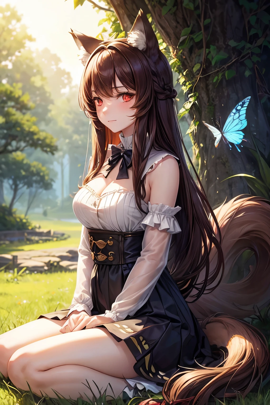 masterpiece,best quality, 1 girl, alone, A faint smile, A faint smile, cherry, Dappled sunlight, Butterfly, grass animal ears,Wolf ears,long hair, Tail, wolf Tail, Red eyes, Wolf Girl,brown hair,,  