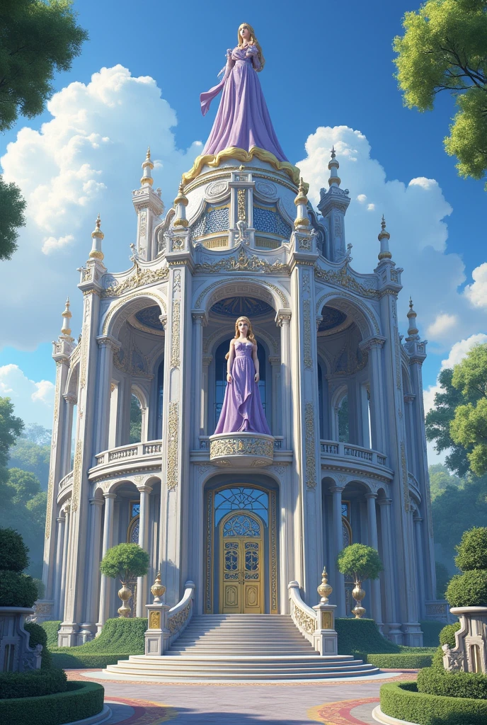 Genrate image of 20 storry Palace with many pillers and silver shiny look to it with glass, very big royal and realistic add a statue of Merry at the top of building with long dress in lavender