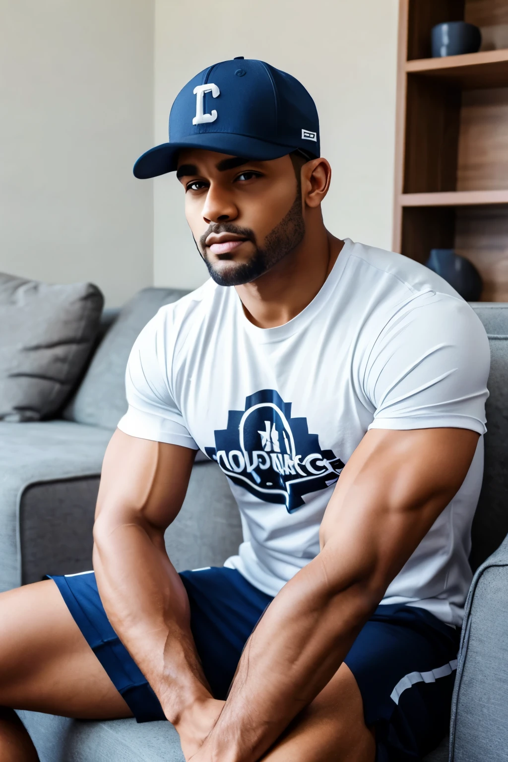 a buff man sitting on the couch wearing a fitted tshirt and boxer while his arms crossed, not wearing a cap. animation