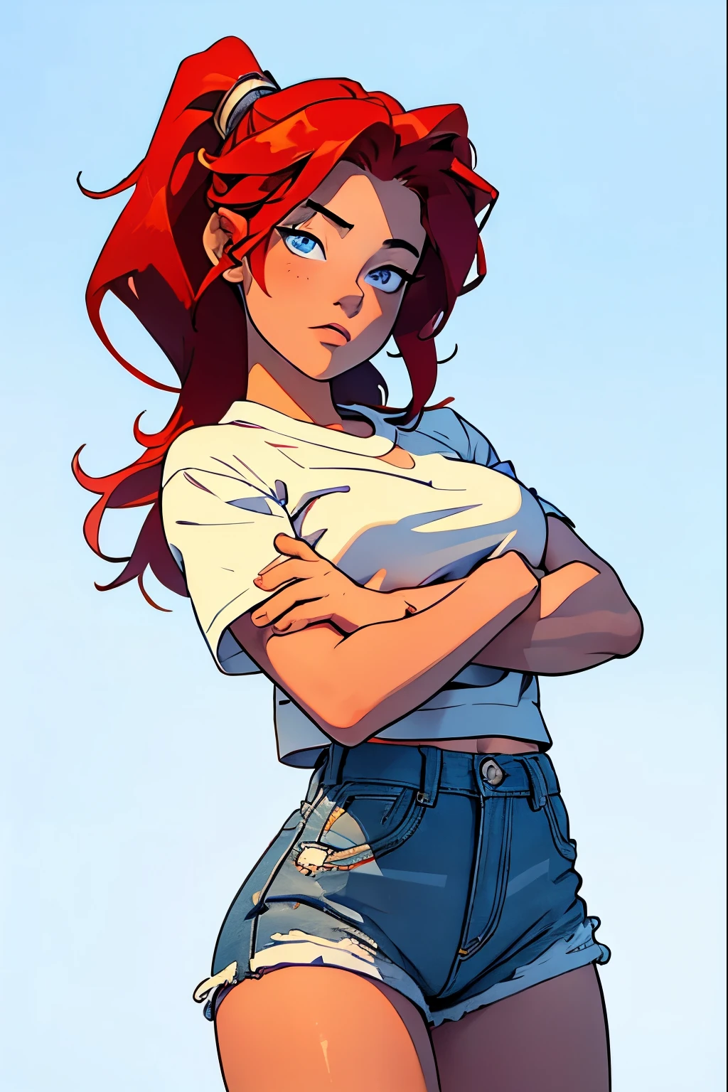 masterpiece, best quality, half body, 1girl, highest image quality, 21-year-old woman waitress, looks like Olivia Dunne, bright red hair, blue eyes, wearing a white t-shirt, denim shorts, angry, large breasts, White background, empty background, crossed arms
