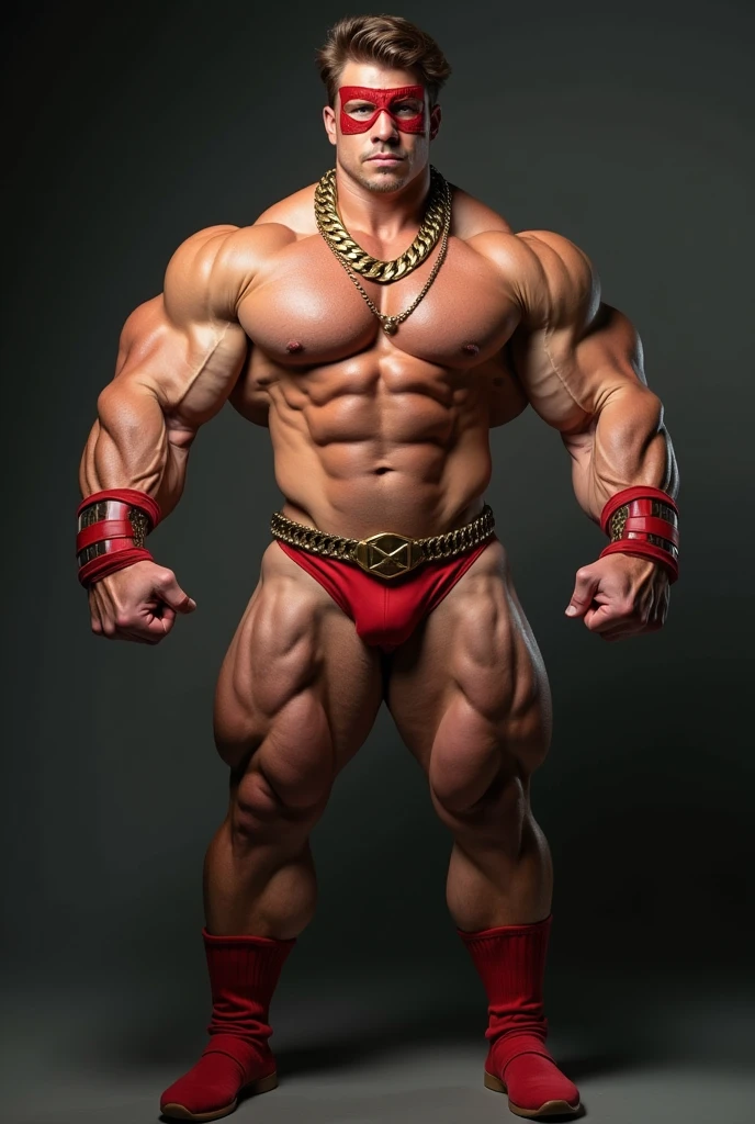 Dressed as the superhero “Mental Mind” a very handsome, sweet and truly massive monster Caucasian bodybuilder is showing off his huge bicep muscles and meaty thighs. Intense young adult. brown hair, powerfully muscled, massive shoulders and biceps. well-defined six pack. Thick gold necklace. Eye mask
