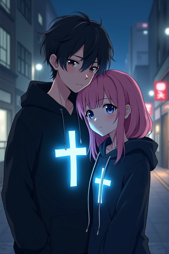 Anime boy wears a black hoodie with a light blue glowing cross on it and his pink girl friend