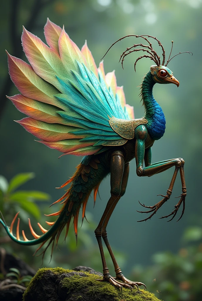 Peacock mixed with praying mantis