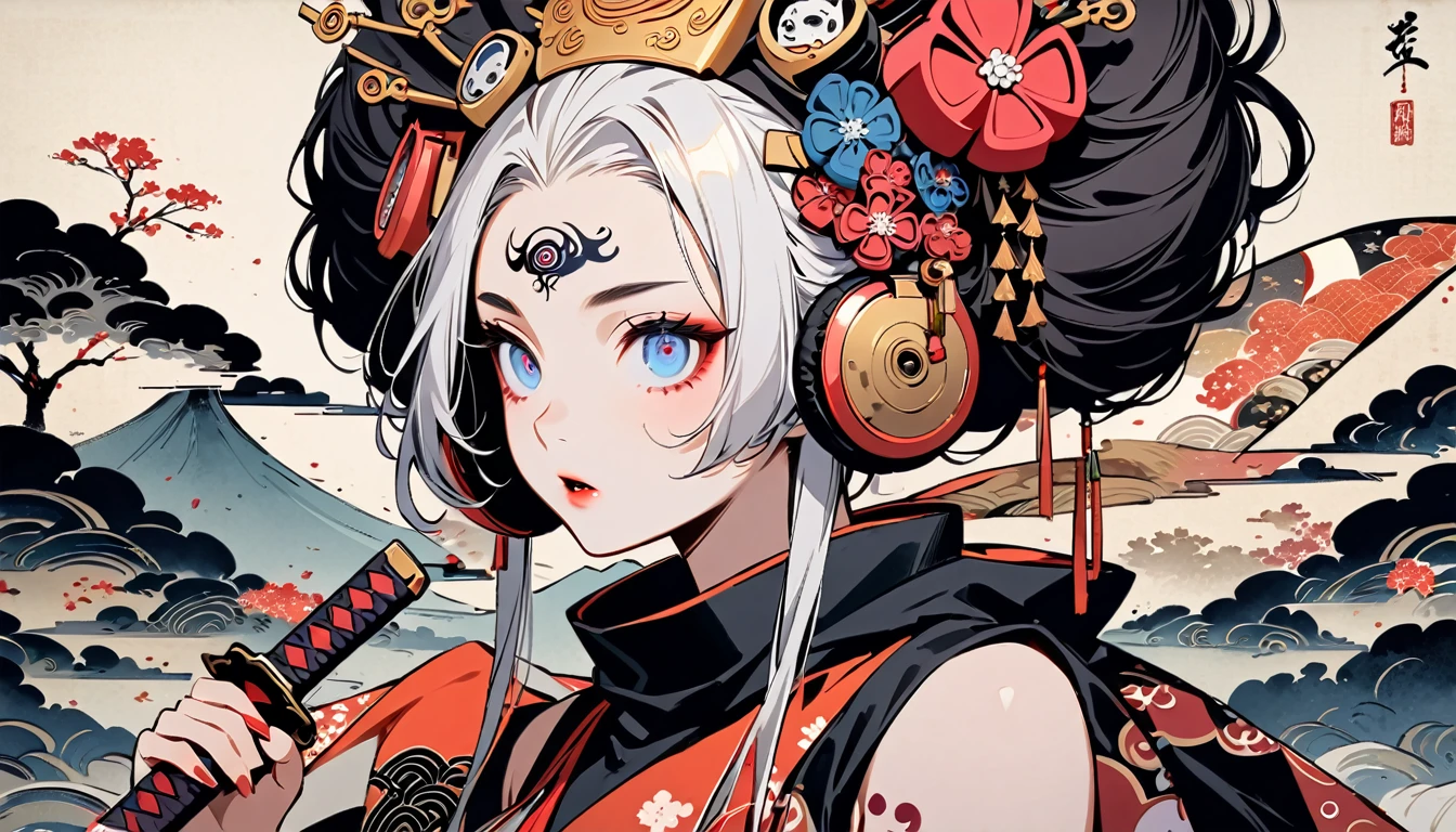 Ink painting, (((1 girl))), (((Tattoo in the middle of the forehead))),(((In the background is the Akatsuki moon))), (((holding a katana sword))), (((Oiran))), (((Great hair accessories))), (((wearing samurai costume))), Japanese style headphones, Demon possession, (((Sakura tree color eyes with engraving inside))),Face up close, Japanese beauty, White hair, Sensitive and precise, Modern Ukiyo-e style, Highest quality, katsushika hokusai, Ink painting, (((1 girl))), (((Elements of horror))), Japanese style headphones, beautiful girl, Black hair, Sensitive and precise, Modern Ukiyo-e style, Cyberpunk city