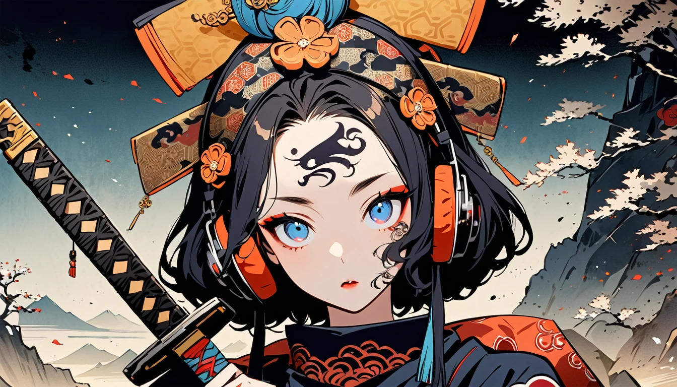Ink painting, (((1 girl))), (((Tattoo in the middle of the forehead))),(((In the background is the Akatsuki moon))), (((holding a katana sword))), (((Oiran))), (((Great hair accessories))), (((wearing samurai costume))), Japanese style headphones, Demon possession, (((Sakura tree color eyes with engraving inside))),Face up close, Japanese beauty, White hair, Sensitive and precise, Modern Ukiyo-e style, Highest quality, katsushika hokusai, Ink painting, (((1 girl))), (((Elements of horror))), Japanese style headphones, beautiful girl, Black hair, Sensitive and precise, Modern Ukiyo-e style, Cyberpunk city