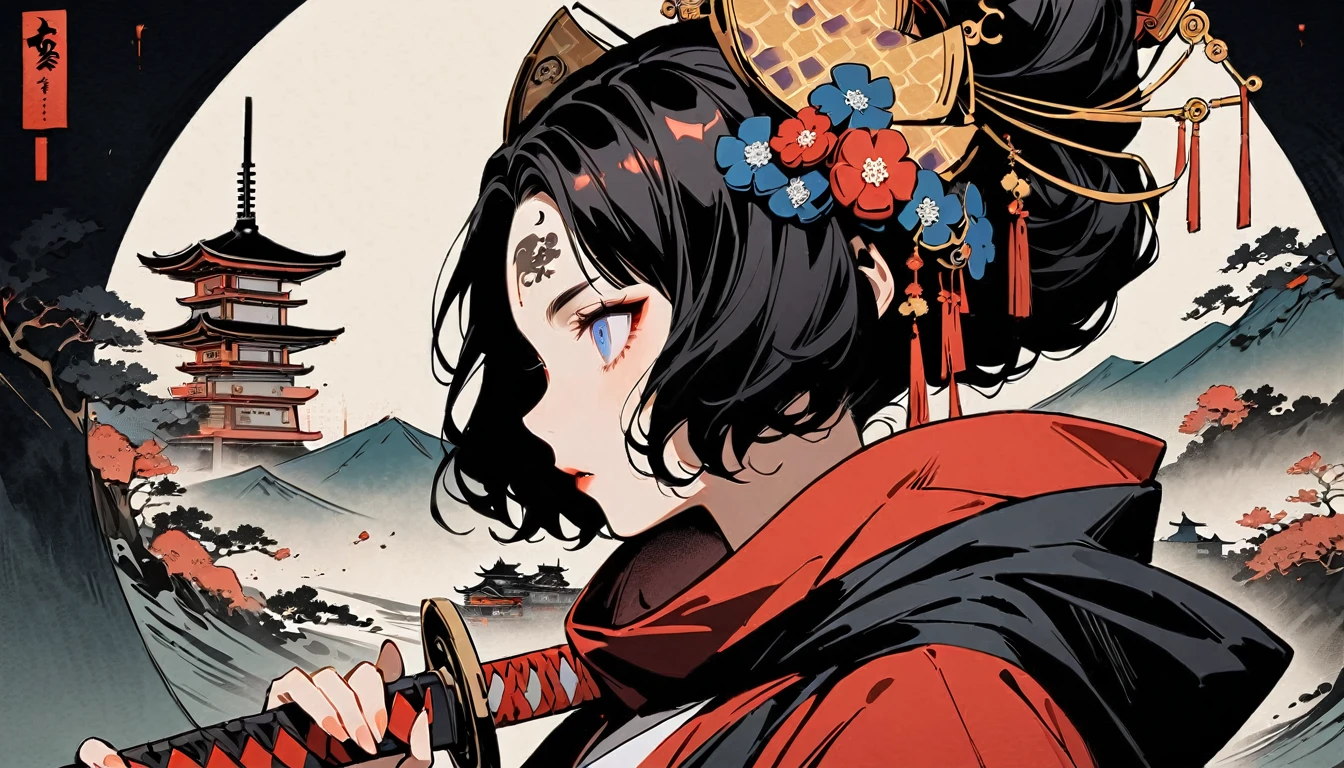 Ink painting, (((1 girl))), (((Tattoo in the middle of the forehead))),(((In the background is the Akatsuki moon))), (((holding a katana sword))), (((Oiran))), (((Great hair accessories))), (((wearing samurai costume))), Japanese style headphones, Demon possession, (((Sakura tree color eyes with engraving inside))),Face up close, Japanese beauty, White hair, Sensitive and precise, Modern Ukiyo-e style, Highest quality, katsushika hokusai, Ink painting, (((1 girl))), (((Elements of horror))), Japanese style headphones, beautiful girl, Black hair, Sensitive and precise, Modern Ukiyo-e style, Cyberpunk city