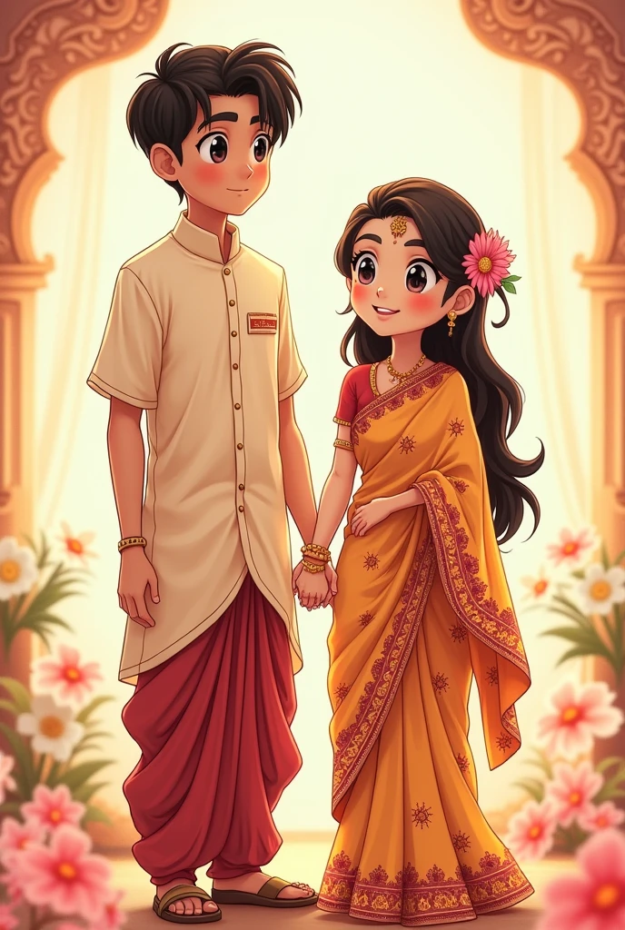 Create a cute anime marriage girl named muthu and tall boy named Darshan in Saree print their name on their dress


