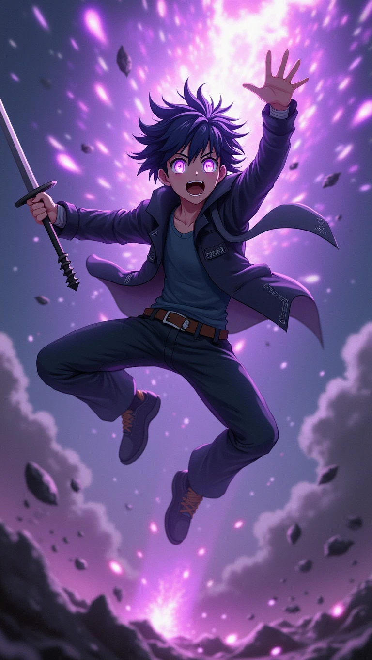 Raising a handsome young boy, with black spiky hair, violet power coming out of the eyes, wearing a small black jacket , jumping and screaming, with a black sword with a thorn handle, 