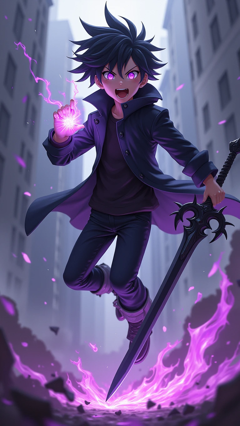 Raising a handsome young boy, with black spiky hair, violet power coming out of the eyes, wearing a small black jacket , jumping and screaming, with a black sword with a thorn handle,