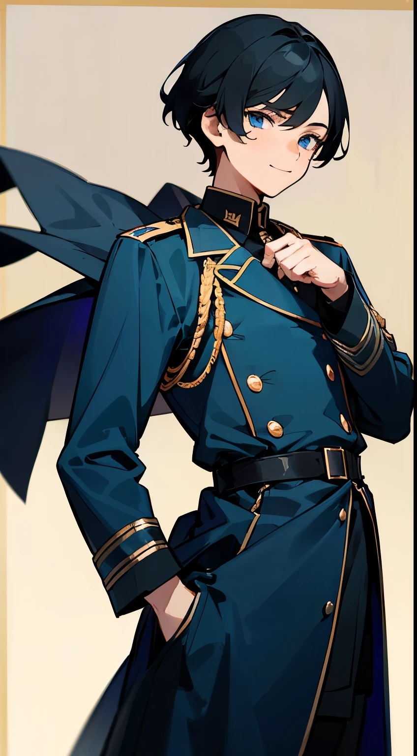 ((boy))(blue eyes)((Flat chest))(Black Hair)(Horse Cavallinha)(Dressed in German military uniform)(The temperament is very domineering)(Umm Sorriso Assassin Fulliu)(with both hands behind your back)Are standing((Communism))Badges hanging all over my chest(Wearing a blue coat)