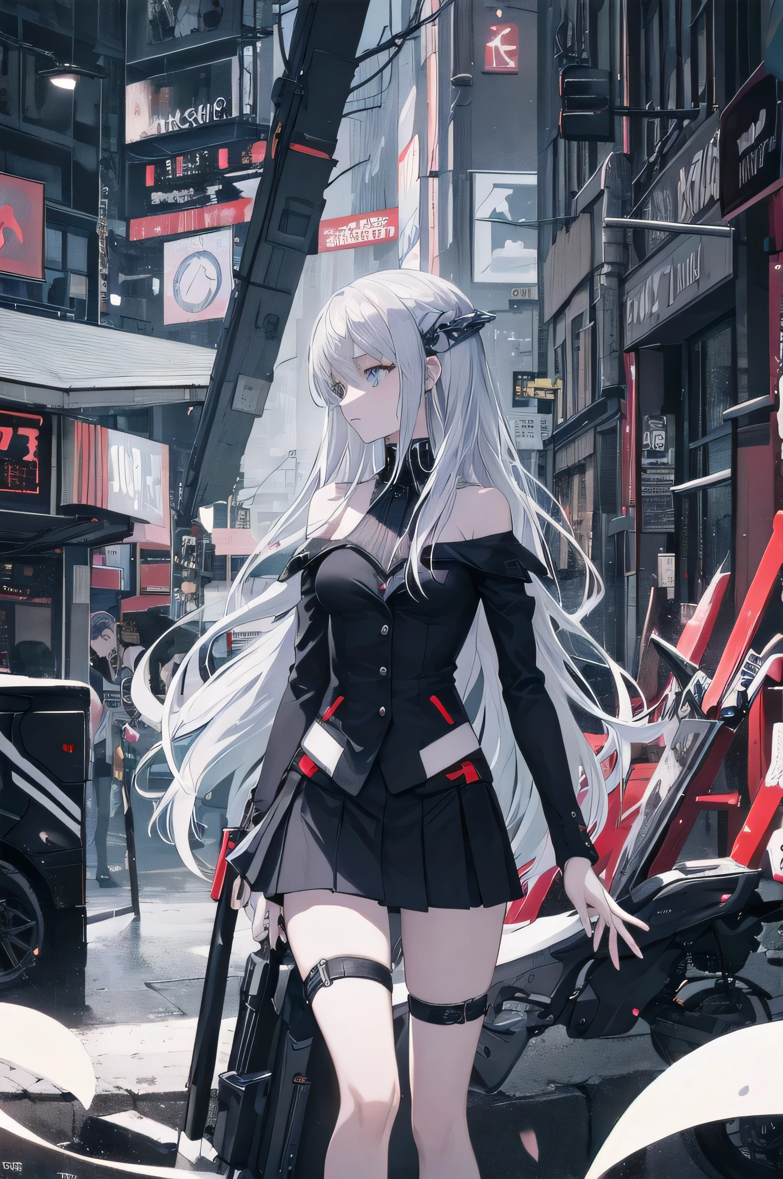 ((masterpiece)), ((best quality)), ((best illustration)), ((ultra-detailed)), 1 lady, teenager, absurdly long hair, silver hair, straight hair, blue eyes, beautiful detailed eyes, gloomy face, looking at viewer, business suit, ((off shoulder)), ((miniskirt)), bare legs, thin body, thin arms, long arms, holding cybernetic spear, standing, cowboy shot, side view, cyberpunk, night, backlight