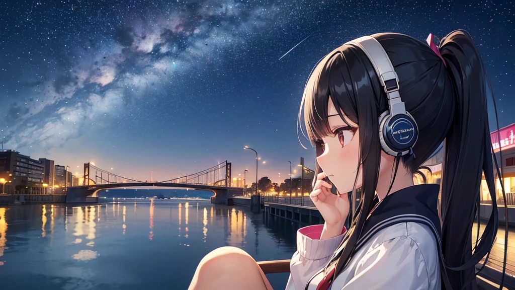 Enjoy boat racing at Suminoe Boat Races。A young girl with black hair wearing stylish clothes and headphones labeled "lo-fi" The girl is shown in profile, gazing into the distance with a calm, relaxed expression Background depicts the iconic scenery of Namba, Osaka at night, without any text on signs A starry night sky adding to the peaceful atmosphere Overall mood is quiet and serene, perfect for lo-fi music Detailed hair rendering and careful attention to the girl's fashionable outfit The entire scene should evoke a relaxing, introspective feeling associated with lo-fi music