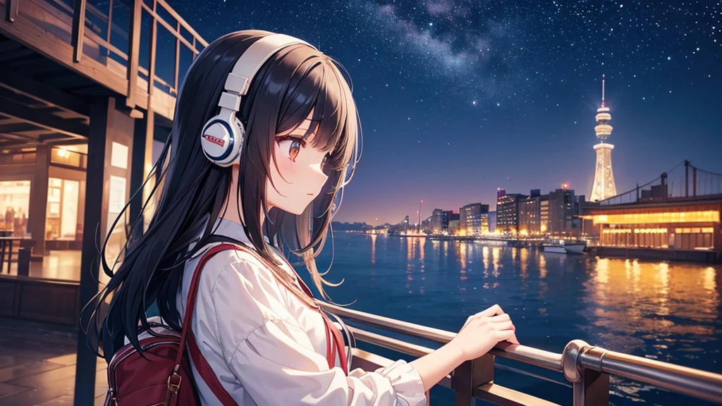 Enjoy boat racing at Suminoe Boat Races。A young girl with black hair wearing stylish clothes and headphones labeled "lo-fi" The girl is shown in profile, gazing into the distance with a calm, relaxed expression Background depicts the iconic scenery of Namba, Osaka at night, without any text on signs A starry night sky adding to the peaceful atmosphere Overall mood is quiet and serene, perfect for lo-fi music Detailed hair rendering and careful attention to the girl's fashionable outfit The entire scene should evoke a relaxing, introspective feeling associated with lo-fi music