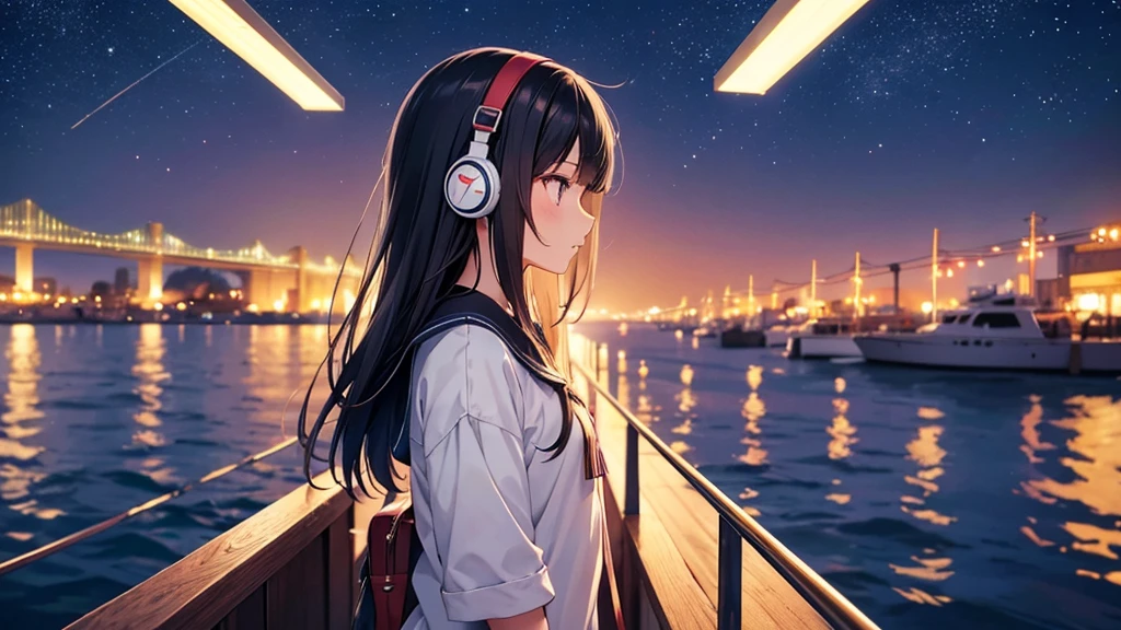 Enjoy boat racing at Suminoe Boat Races。A young girl with black hair wearing stylish clothes and headphones labeled "lo-fi" The girl is shown in profile, gazing into the distance with a calm, relaxed expression Background depicts the iconic scenery of Namba, Osaka at night, without any text on signs A starry night sky adding to the peaceful atmosphere Overall mood is quiet and serene, perfect for lo-fi music Detailed hair rendering and careful attention to the girl's fashionable outfit The entire scene should evoke a relaxing, introspective feeling associated with lo-fi music