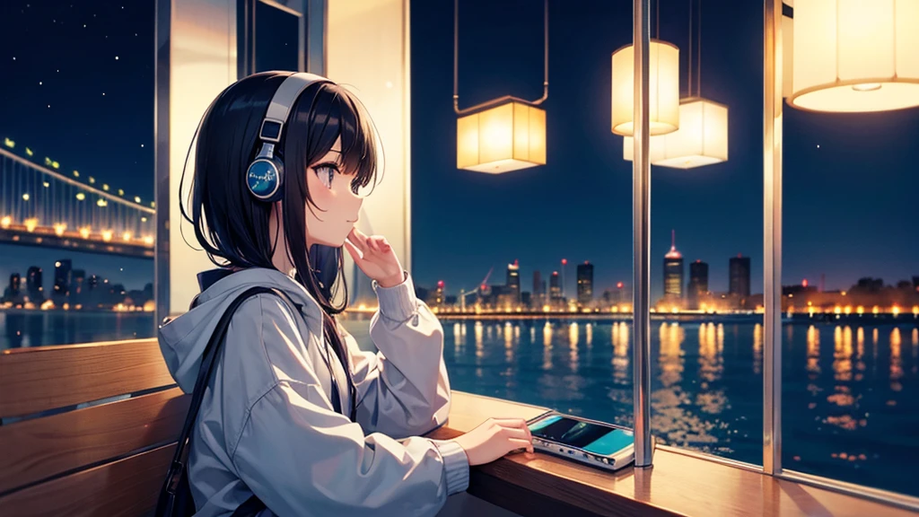 Enjoy boat racing at Suminoe Boat Races。A young girl with black hair wearing stylish clothes and headphones labeled "lo-fi" The girl is shown in profile, gazing into the distance with a calm, relaxed expression Background depicts the iconic scenery of Namba, Osaka at night, without any text on signs A starry night sky adding to the peaceful atmosphere Overall mood is quiet and serene, perfect for lo-fi music Detailed hair rendering and careful attention to the girl's fashionable outfit The entire scene should evoke a relaxing, introspective feeling associated with lo-fi music