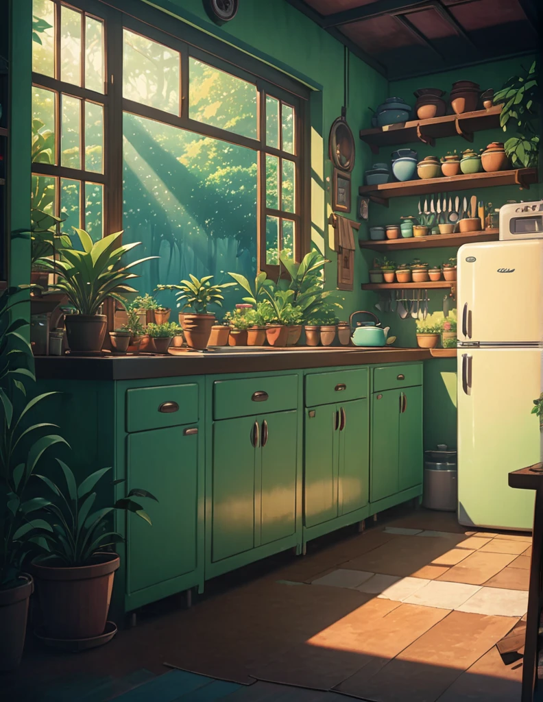 super wide perspective, an indoor view of beautiful indo kitchen, forest visible from window, ghibli anime scene, pots with tropical leafy plants, shelf, organiser, sunrays falling on table, utensils, refrigerator, shadows, cinematic color tones, subtle light, vibrant color tones, ghibli style, no humans, scenery, masterpiece, high resolution