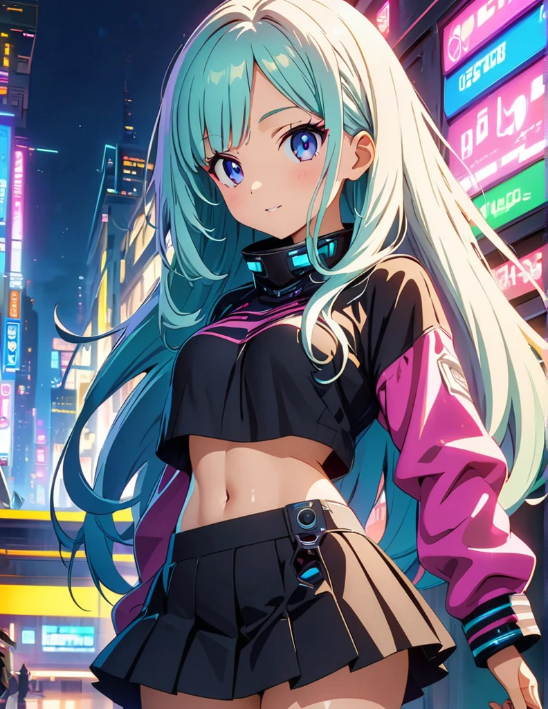 (anime artwork, anime style, studio anime, very detailed, up to date, vibrant, Anime Coloring, high contrast, masterpiece:1.2, best quality, best aesthetics),1 girl,cyber punk clothes, Medium chest, A glimpse of thighs,cyber punk hair, One eye is hidden by the bangs, perfect proportions, high detail skin, Cute, detailed faces, cutout between underboob and shirt,very short pleated miniskirt,makeup, smart phone,