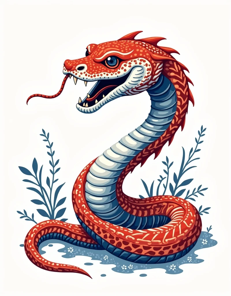 White background. The Snake in the Chinese zodiac,cute Snake,in the style of linocut,close-up of the whole body,fine line details,color sand red and blue and white porcelain blue,unique character design,bold color block,simple and concise,detailedintersections,high contrast,dynamic line,word using vintage images,in woodcut,hatching,woodcut style