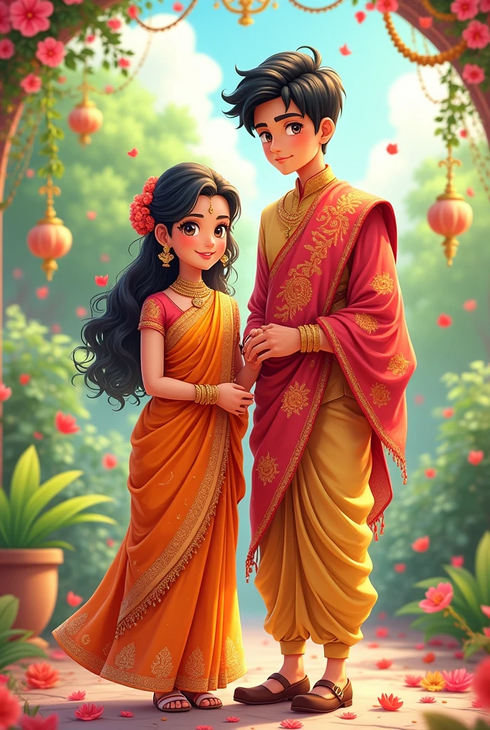 Create a cute anime marriage girl named muthu and tall boy named Darshan in Saree print their name on their dress


