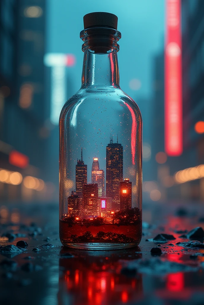 Create a futuristic cyberpunk city inside a bottle, Play of light and shadows, masterpiece, Bokeh lighting, hyperrealistic
