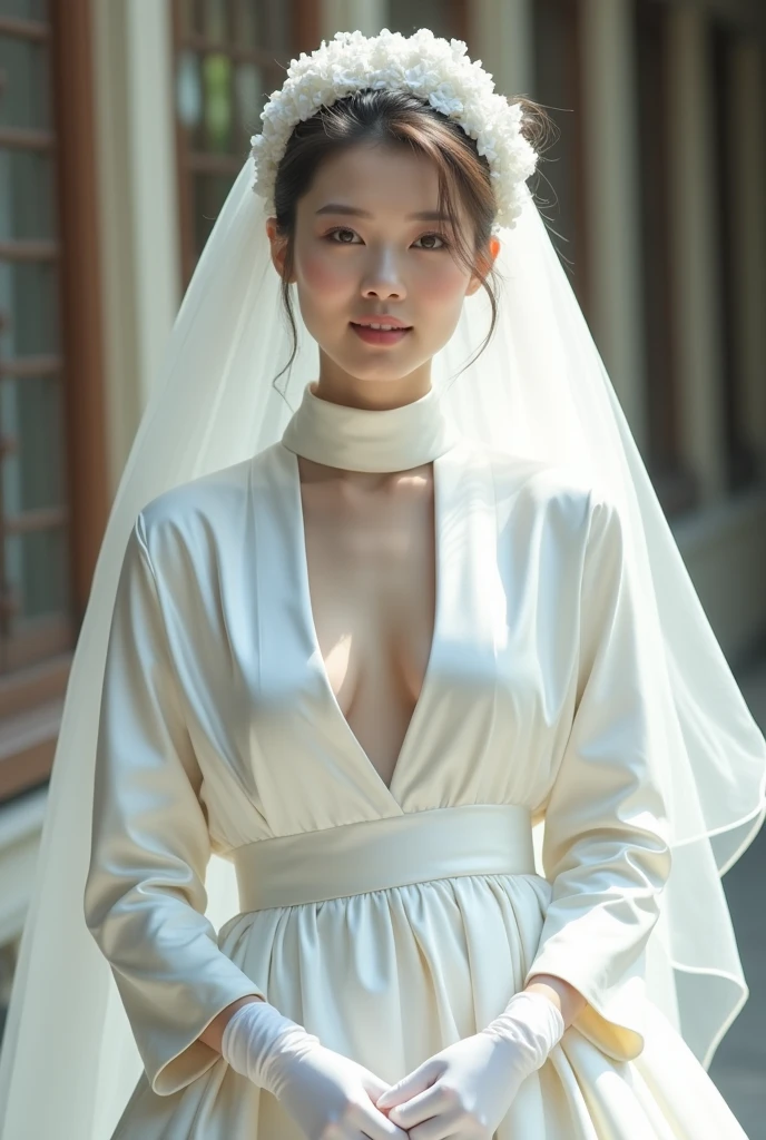 Wearing a huge, revealing wedding dress。White satin full finger gloves with long sleeves、"Shoulders and neck、Turtleneck that covers the mouth。"Everything is connected。She is wearing a white wedding kimono over her wedding dress and a cotton hat over her wedding veil.。