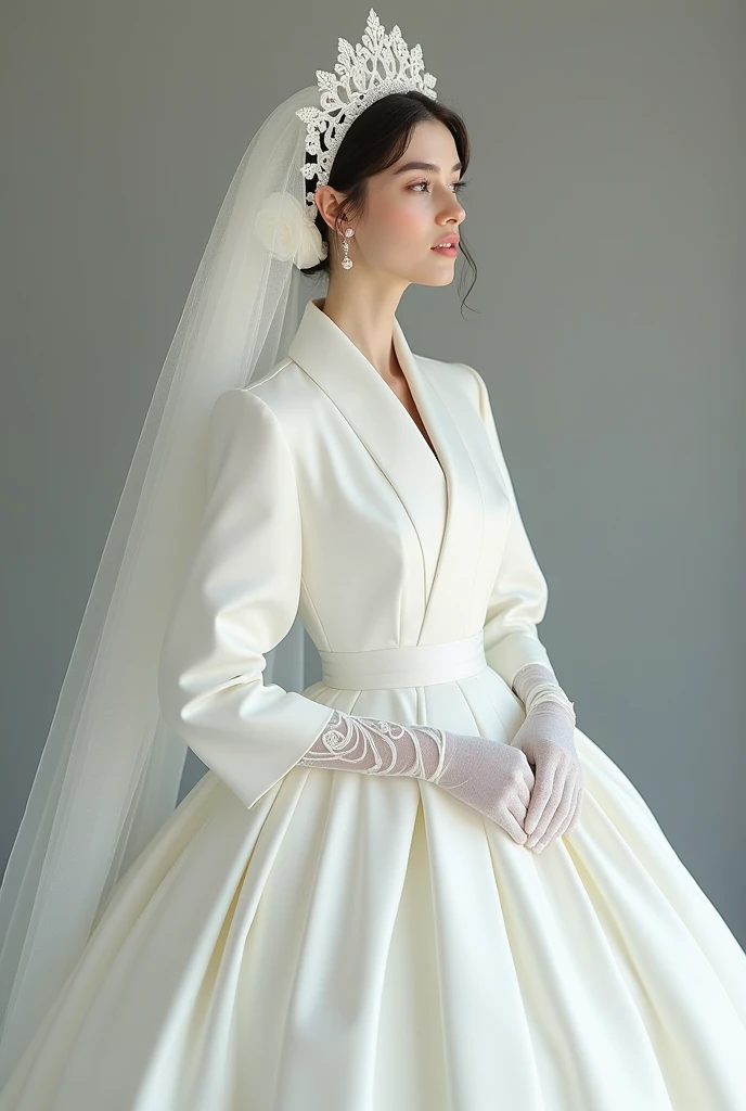 Wearing a huge, revealing wedding dress。White satin full finger gloves with long sleeves、"Shoulders and neck、Turtleneck that covers the mouth。"Everything is connected。She is wearing a white wedding kimono over her wedding dress and a cotton hat over her wedding veil.。