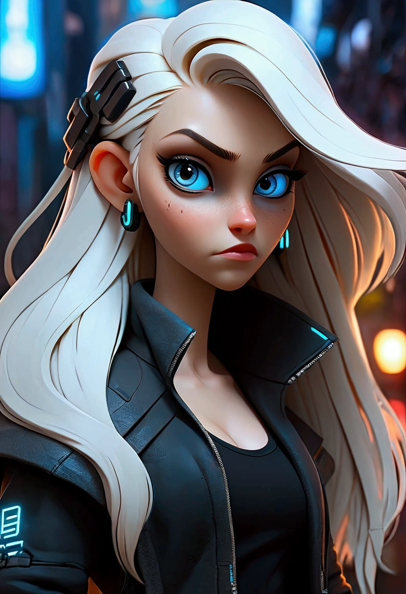 ((best quality)), ((masterpiece)), (detailed), perfect face, a beautiful woman with white long hair and a sky blue reflection, she has a tufted fringe, she has sky blue eyes in a cyberpunk city with sky blue lights, she has total black clothes with some neon sky blue lights on it, Total body.