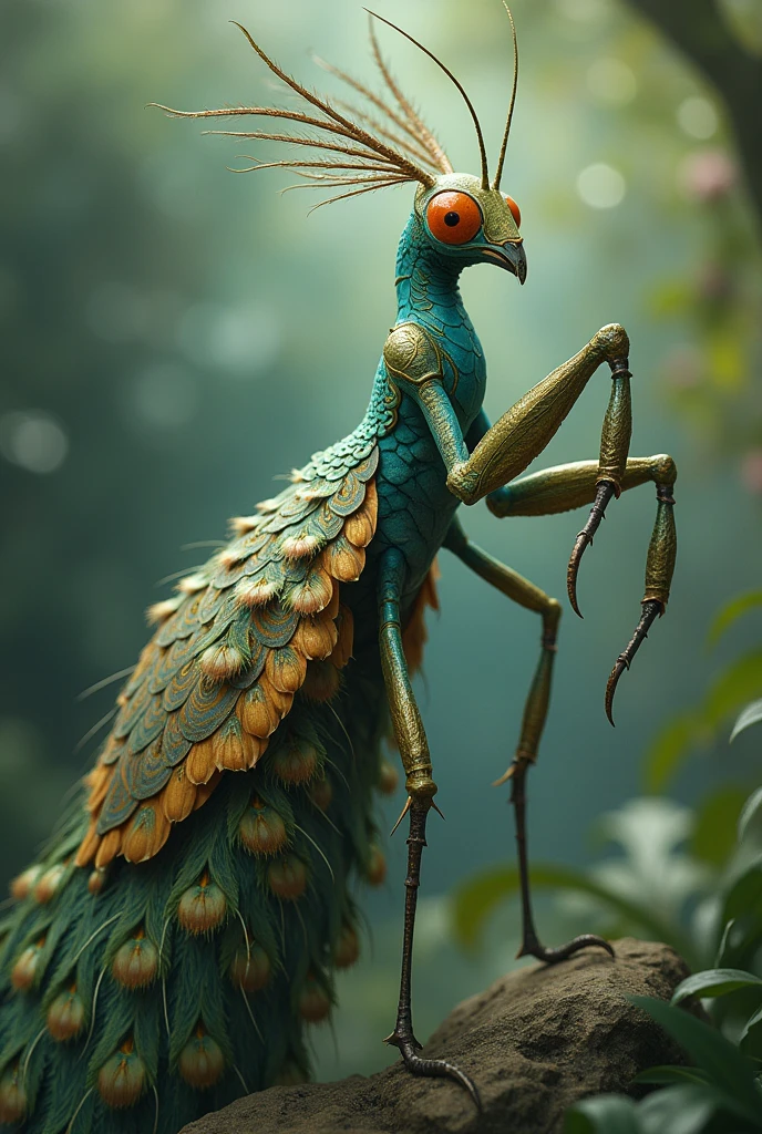 Peacock mixed with praying mantis