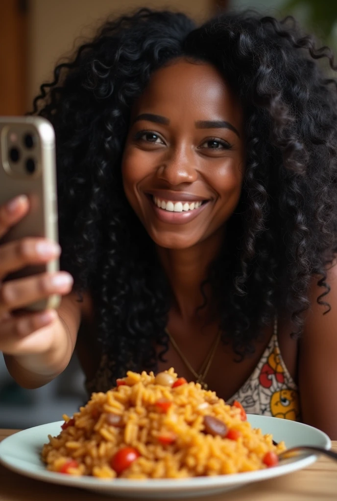there is a black woman , the woman has curly black curly, she has dark skin, with dark brownish skin, with long curly, long black curly hair she is taking a long shot selfie whilst eating jollof rice