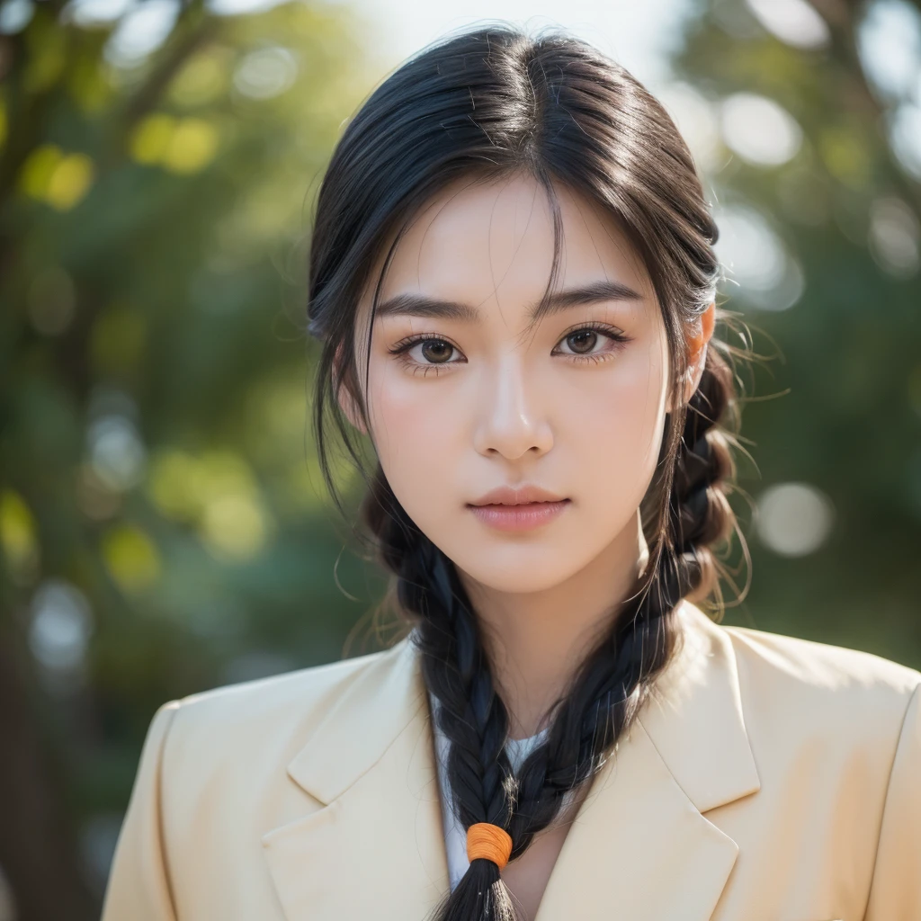 a tall japanese young man with fair complexion, black hair styled in mullet with longer ends tied in braid, green eyes, wearing colored glasses, orange varsity jacket with samue, detailed portrait, (best quality,4k,8k,highres,masterpiece:1.2),ultra-detailed,(realistic,photorealistic,photo-realistic:1.37),studio lighting,vivid colors,extremely detailed eyes and face,longeyelashes,portrait